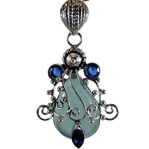 Handmade Silver Pendant With Aquamarine Gemstone & Blue Sapphire Accent Stones